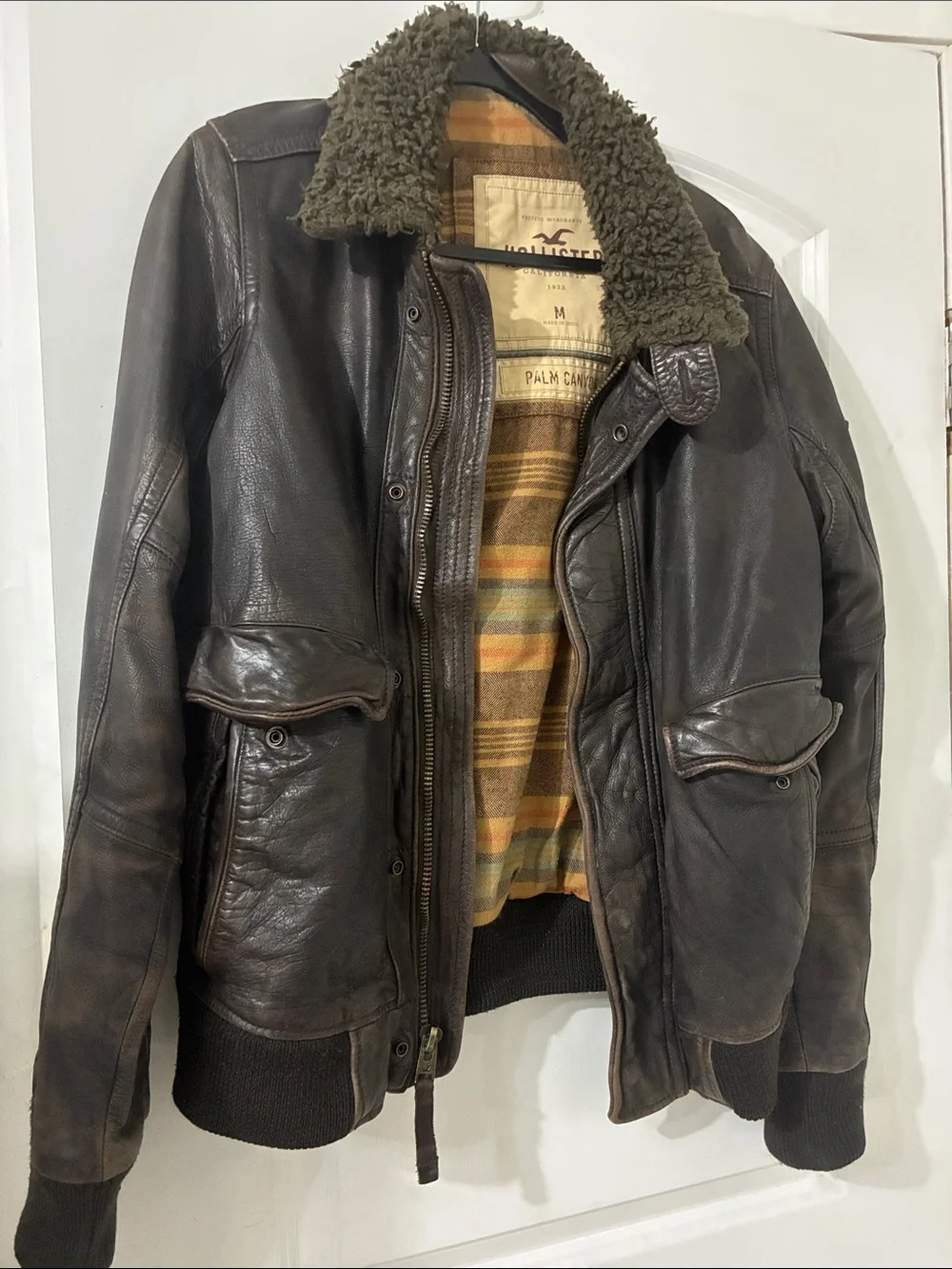 Hollister Palm Canyon Dark Brown Leather Bomber Jacket Olive Sherpa Collar M